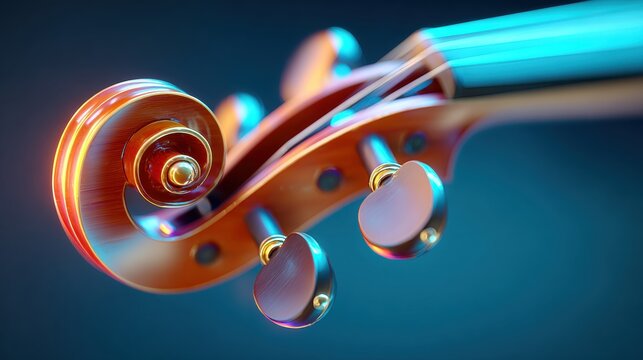 Violin scroll close up with tuning pegs and strings showing warm wood texture and soft lighting creating calm mood