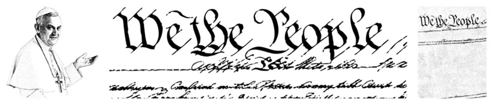 Religious leader pointing to foundational American text, U.S. Constitution preamble, historical document, legal framework, democratic principle, civil rights declaration, political manifesto.