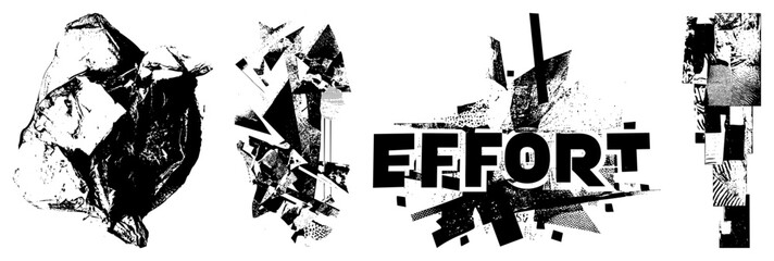 Fototapeta premium Stylized word effort surrounded by shattered geometric, halftone textures, bold black typography, abstract composition, graphic design element.