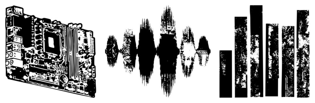 Motherboard circuitry, soundwave graph, bar chart data visualization, tech vector art, digital interface, hardware and data representation.