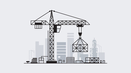 Obraz premium A black and white illustration of a construction crane in an urban cityscape with buildings and skyscrapers