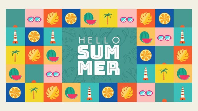 Summer Theme &ndash; Colorful looping 4K animation with playful grid of tropical icons like watermelon, sunglasses, palm trees, and popsicles surrounding bold &ldquo;Hello Summer&rdquo; text, ideal for seasonal promos.