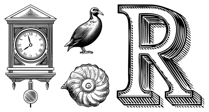 Antique pendulum clock, stylized bird, spiral, bold letter R, engraved vector art, illustration, decorative motifs, vintage typography.