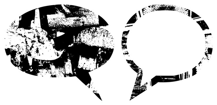 Two stylized speech bubbles with gritty, weathered textures, one filled with chaotic noise, the other empty, ideal for comic or UI design. Dialogue shapes, chat symbols, communication.