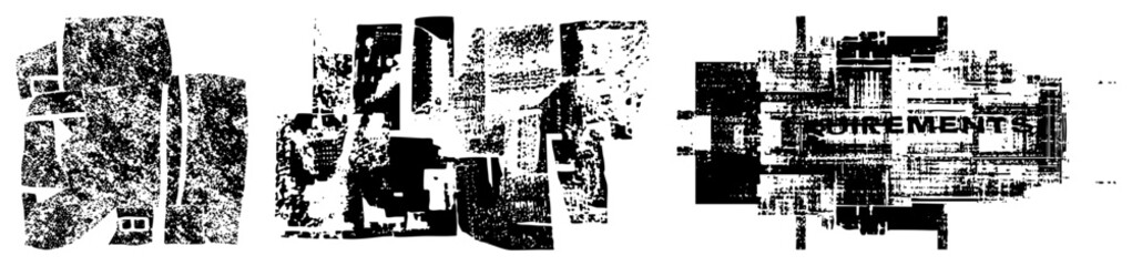 Fototapeta premium Fragmented graphic text with halftone grain, bold sans serif letters, abstract geometric shapes, digital glitch art, composition.