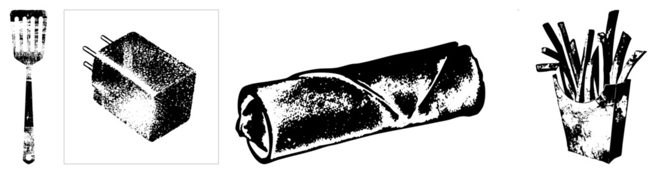 Halftone style graphic of spatula, electrical outlet, spring roll, and fries, vector art, food and kitchen tools, isolated elements with dot texture.