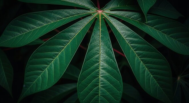 Deep Green Cassava Leaf Texture With Dark Background And Natural Light