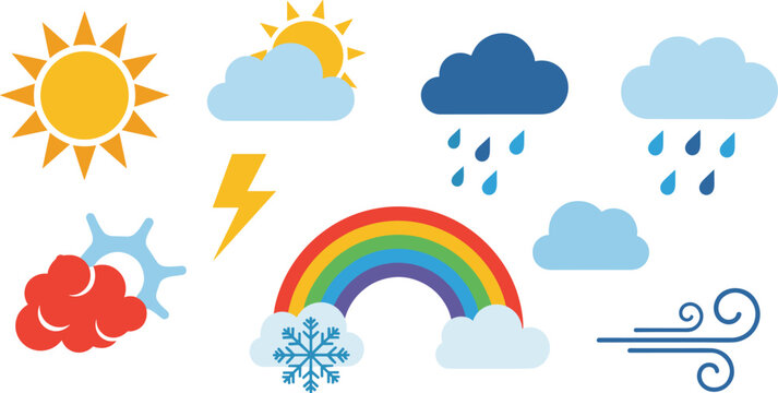 Weather Icons Vector Set Featuring Sun, Clouds, Rain, Storm, Lightning, Rainbow, Snowflake and Wind Climate Forecast Illustration Collection