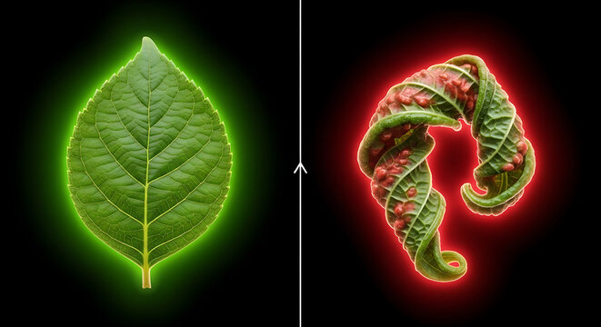 Comparison of healthy green leaf and curled diseased foliage with red galls on black background with light