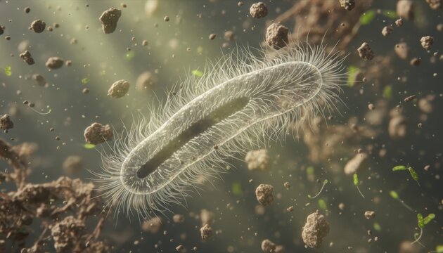 Microscopic View Of Single-Celled Organism Swimming Amidst Dirt Particles And Microbes In Water