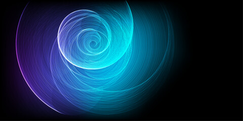 Abstract vector spiral energy wave with glowing lines blue green in concept quantum, science, technology, space on black background