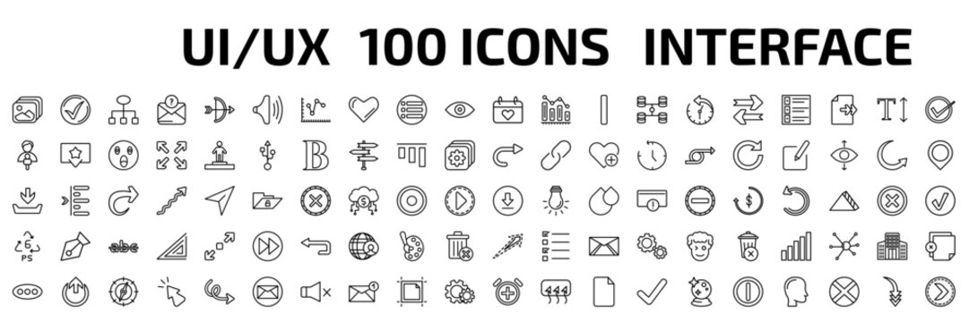 user interface outline icon set. 100 linear vector for ui, web and mobile. thin line gallery, checked, simple chart interface and more icons.