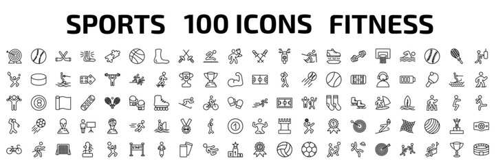 Fototapeta premium sports outline icon set. 100 linear vector for ui, web and mobile. thin line archery, baseball, hockey and more icons.