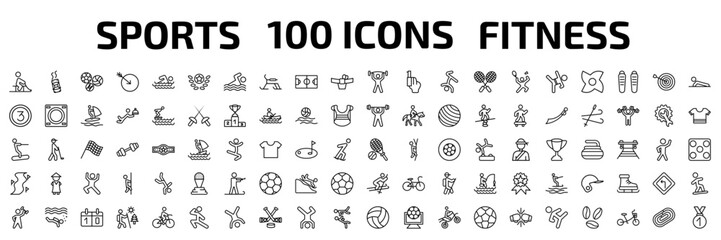 sports outline icon set. 100 linear vector for ui, web and mobile. thin line person riding on sleigh, drift car, balls and more icons. © Farahim