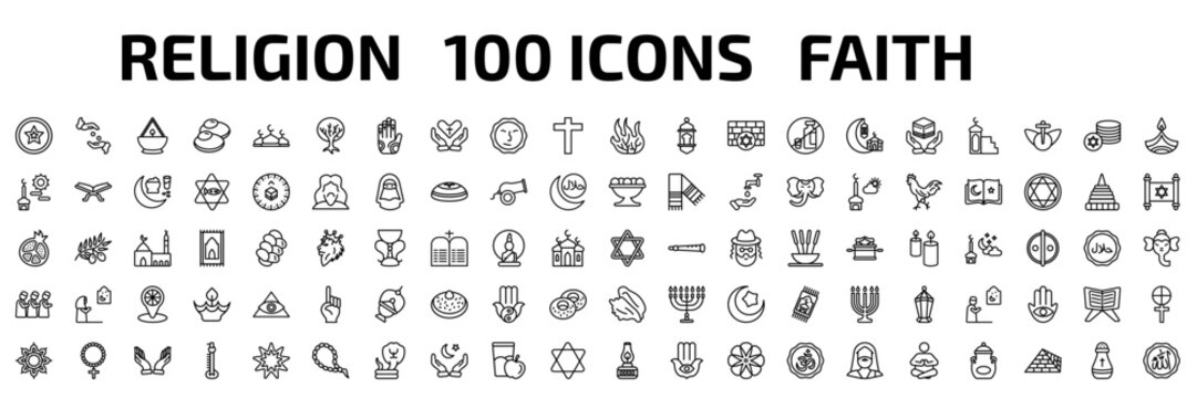 religion outline icon set. 100 linear vector for ui, web and mobile. thin line anglican, sadaqah, ner tamid and more icons.