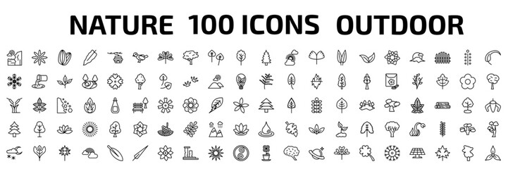nature outline icon set. 100 linear vector for ui, web and mobile. thin line cliff, petals, almond and more icons. © Farahim