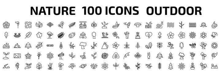 Fototapeta premium nature outline icon set. 100 linear vector for ui, web and mobile. thin line whirlpool, lily, zinnia and more icons.