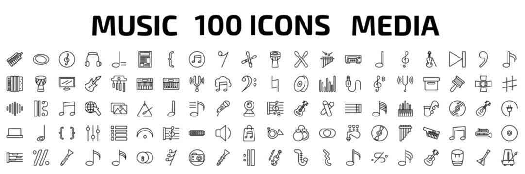 music and media outline icon set. 100 linear vector for ui, web and mobile. thin line melodica, whole, clef and more icons.