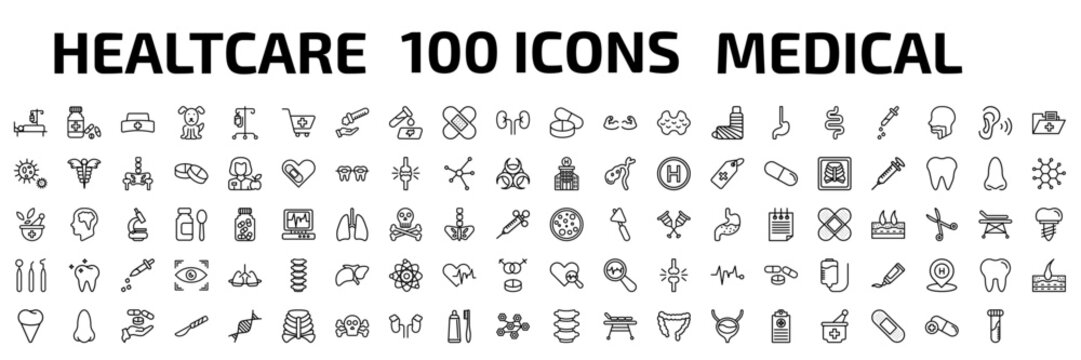 medical outline icon set. 100 linear vector for ui, web and mobile. thin line illness on bed, pills jar, nurse cross and more icons.