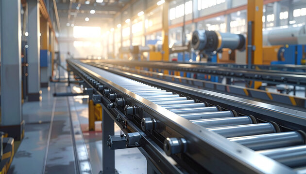 Industrial conveyor belt in modern factory processing line with sunlight