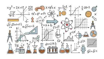 Naklejka premium Science and Math Doodle: A colorful illustration showcasing an array of scientific and mathematical concepts, formulas, and symbols, perfect for educational content and design projects.