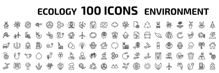 Fototapeta premium ecology outline icon set. 100 linear vector for ui, web and mobile. thin line ecological house, tree with hearts, renewable energy and more icons.