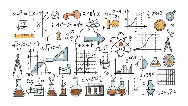 Science and Math Doodle: A colorful illustration showcasing an array of scientific and mathematical concepts, formulas, and symbols, perfect for educational content and design projects.
