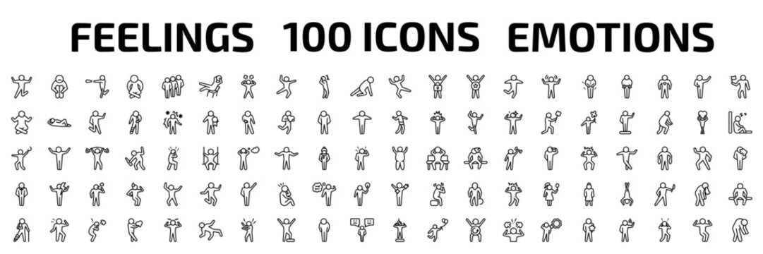 feelings outline icon set. 100 linear vector for ui, web and mobile. thin line excited human, sad human, super human and more icons.