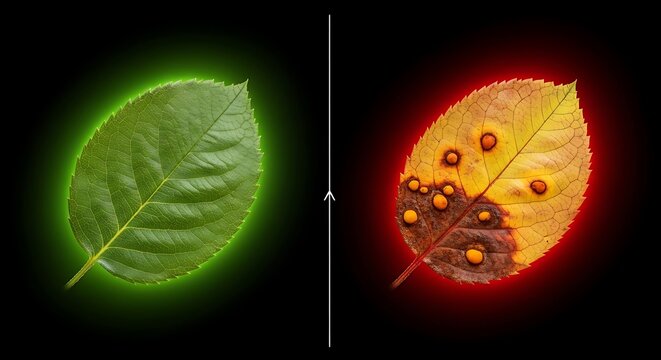 Healthy green rose leaf versus diseased yellow-brown leaf with orange galls on black background