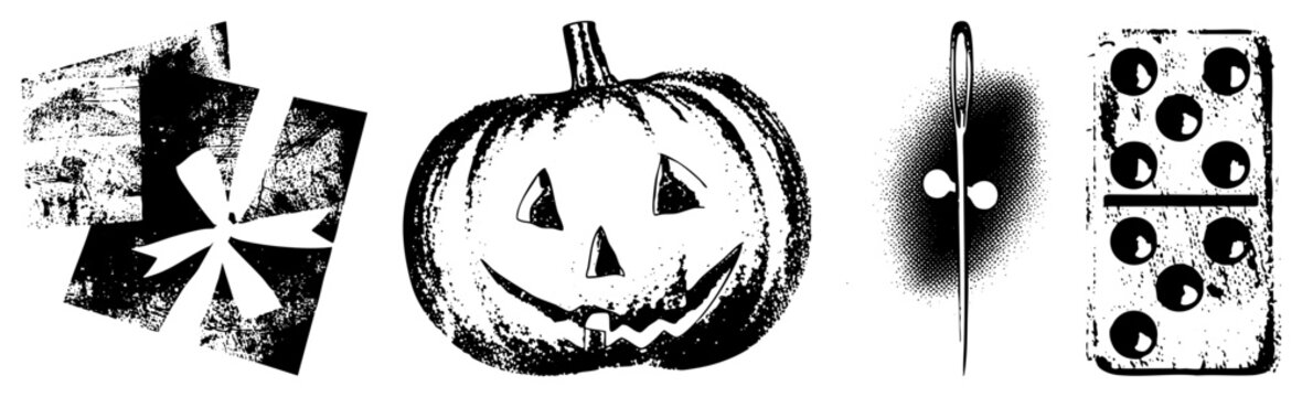 Halloween pumpkin with carved face, sewing with thread, tile with pips, star shaped cutout all in halftone style, isolated vector graphics.