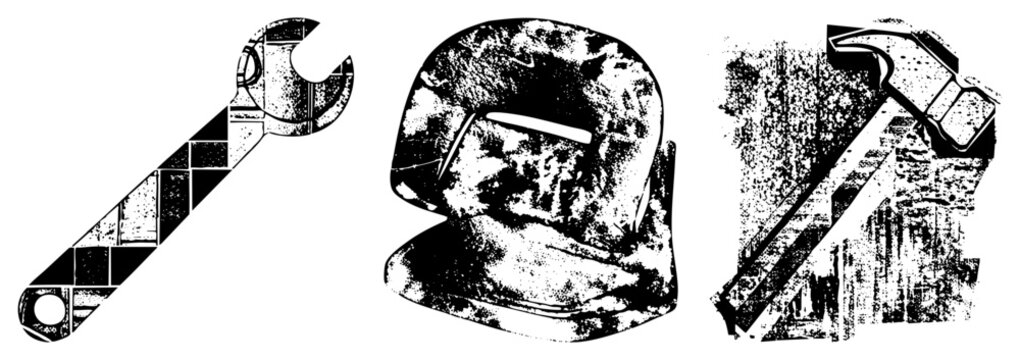 Retro styled tools including adjustable wrench, welding helmet, and claw hammer, rendered in halftone texture, ideal for repair, DIY, or industrial design projects.