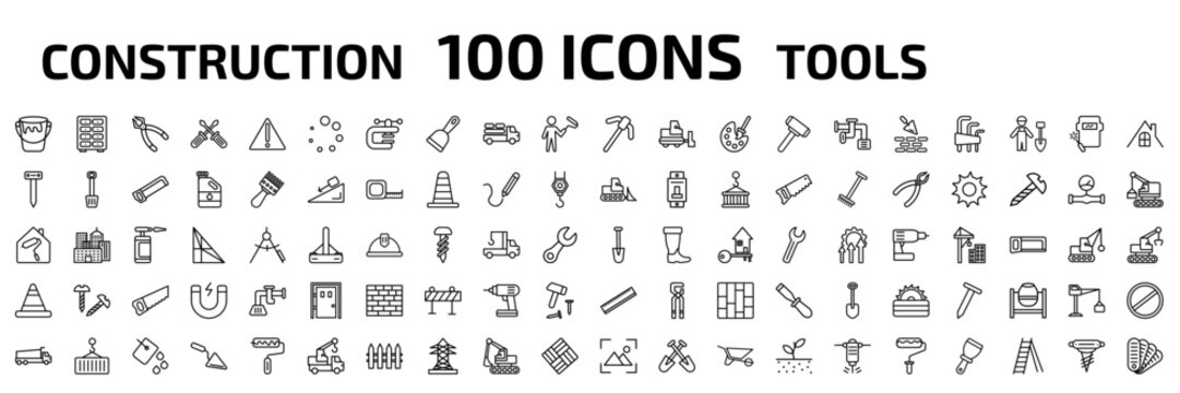 construction tools outline icon set. 100 linear vector for ui, web and mobile. thin line open paint bucket, big clo, plier and more icons.