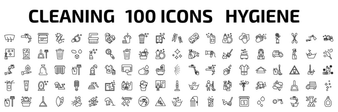 cleaning outline icon set. 100 linear vector for ui, web and mobile. thin line wiper, tap, baking soda and more icons.