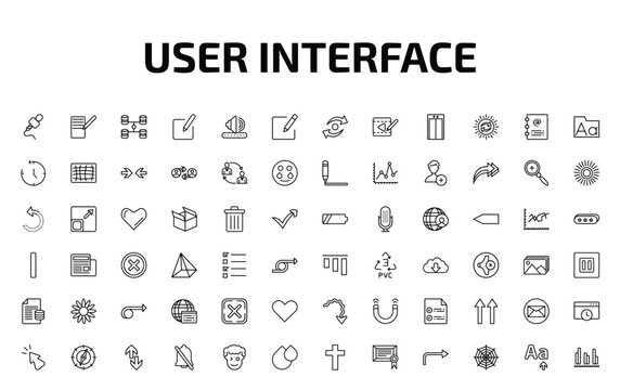 user interface outline icon set. 72 linear vector for ui, web and mobile. thin line mic interface, form, data interconnected and more icons.