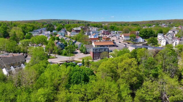 Main Street Bridge and Woonsocket Falls Dam on Blackstone River aerial view in downtown Woonsocket, Rhode Island RI, USA.