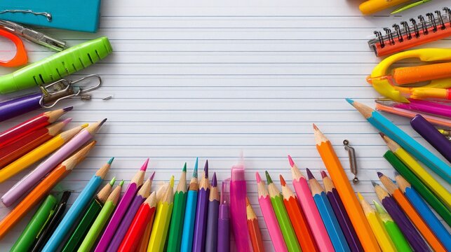 Colorful school supplies frame on lined paper background with pencils notebooks crayons stationery items arranged around empty copy space, vibrant back to school concept with organized education tools