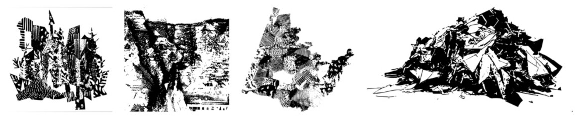 Obraz premium Black and white vector cityscape using halftone, fragmented polygonal shapes, urban decay motifs, stylized architecture, graphic design element.