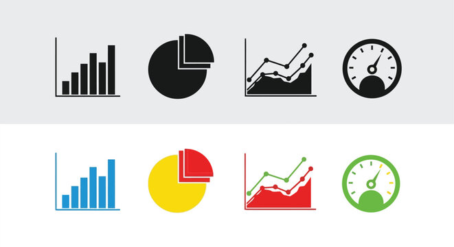 Collection of data visualization icons bar graphs pie charts and gauges