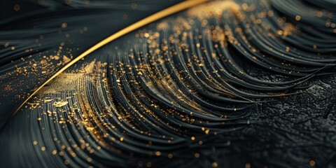 Fototapeta premium Macro Abstract Black Feather Background with Shimmering Golden Glitter and Deep Shadow Texture 