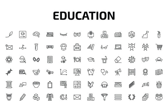 education outline icon set. 72 linear vector for ui, web and mobile. thin line calligraphy, educational video, human brain and more icons.