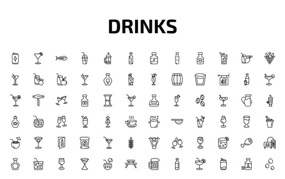 drinks outline icon set. 72 linear vector for ui, web and mobile. thin line energy drink, sidecar drink, fish skeleton and more icons.