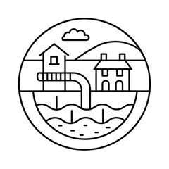 Naklejka premium A circular line art illustration depicting a scenic waterfront landscape with houses and a pier