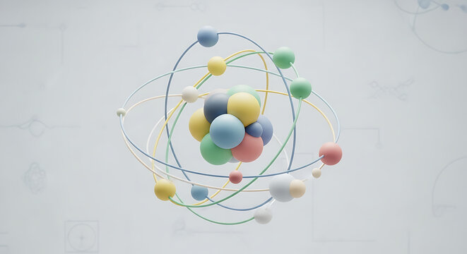 3D atomic model illustration with vibrant spheres representing protons neutrons and electrons on a clean white background. Scientific physics concept visualizing subatomic particles and nuclear struct