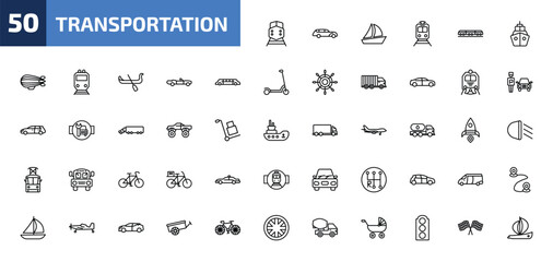 transportation outline icon set. 50 linear vector for ui, web and mobile. thin line diesel train, hearse, sailing boat and more icons. © Farahim