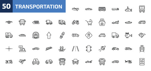 Naklejka premium transportation outline icon set. 50 linear vector for ui, web and mobile. thin line dugout canoe, sport car, double decker bus and more icons.
