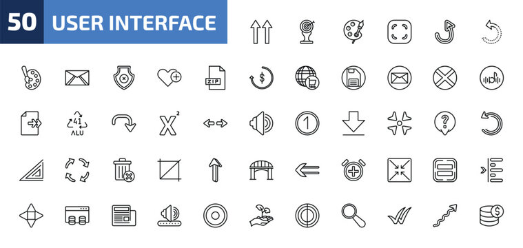 user interface outline icon set. 50 linear vector for ui, web and mobile. thin line up side, archery champion, painter palette and more icons.