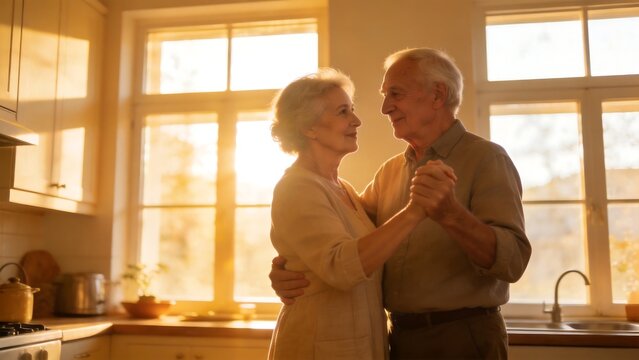 Elderly couple dancing in kitchen