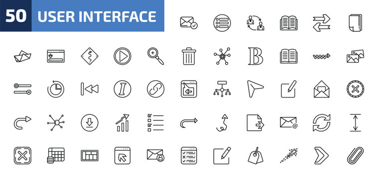 user interface outline icon set. 50 linear vector for ui, web and mobile. thin line postal, list button, job transition and more icons.