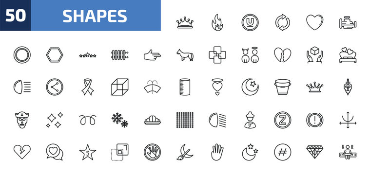 shapes outline icon set. 50 linear vector for ui, web and mobile. thin line prince crown, fire over line, undelined and more icons.