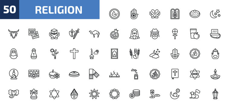 religion outline icon set. 50 linear vector for ui, web and mobile. thin line asceticism, jainism, faith and more icons.